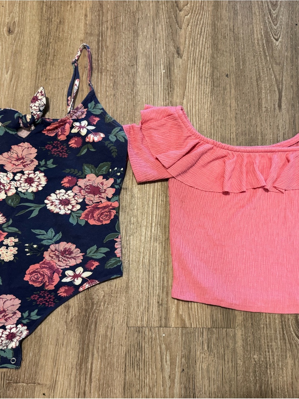 Floral Navy Bodysuit & Pink Ruffle Off-Shoulder Top Set size Medium